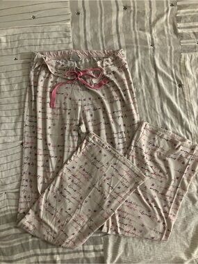 lei Cream Pajama Pants with Pink Script and Pink Drawstring